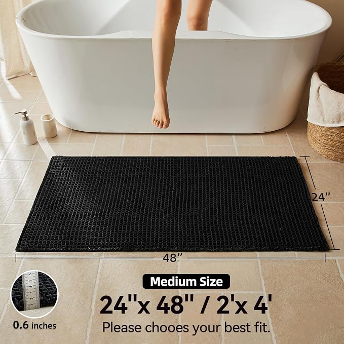 Triohero Waffle Bath Mat, Boho Bathroom Rugs Non Slip Washable, Ultra Soft Super Absorbent Quick Dry Farmhouse Bathroom Decor, 24" x 48", Black