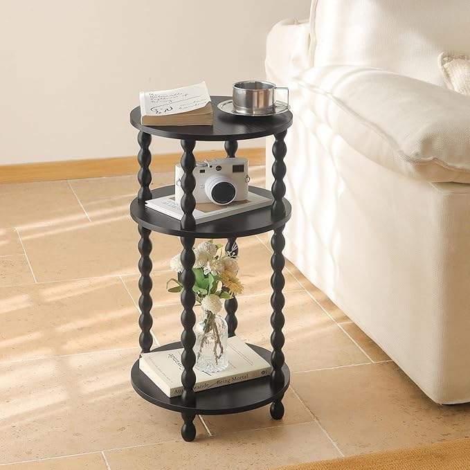 AWASEN Small Round Side Table, Black End Table with 3-Tier Open Shelf for Small Spaces, Round Bedside Table Nightstand for Bedroom, Living Room, Office, Black