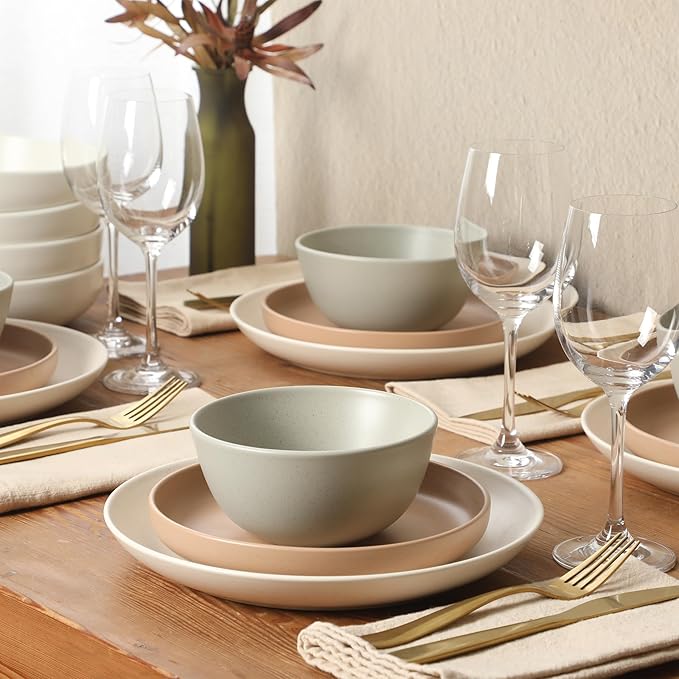 Gibson Elite Leeds Court Plates and Bowls Sets, 16-Piece Stoneware Dinnerware Sets, Assorted Colors, Round Speckle Reactive Glaze Dish Set