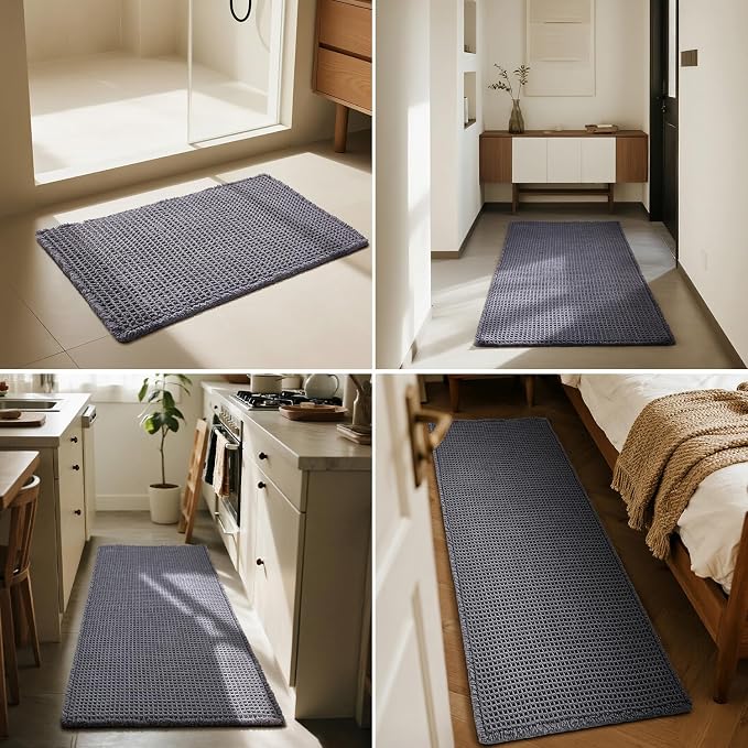 Triohero Waffle Bath Mat, Boho Bathroom Rugs Non Slip Washable, Ultra Soft Super Absorbent Quick Dry Farmhouse Bathroom Decor, 24" x 36", Dark Grey