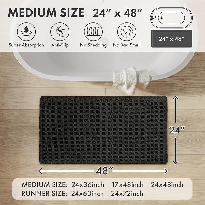 MIULEE Waffle Bathroom Runner Rugs, Super Absorbent Non Slip Bath Rug, Upgraded Soft Quick Dry Washable Boho Long Bath Mat with Tassels for Hallway Laundry Room Bedroom, 2'x4' (24"x48"), Black