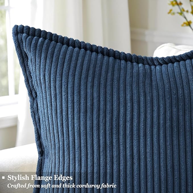 decorUhome Summer Patriotic Corduroy Navy Blue Coastal Throw Pillow Covers 16x16 Set of 2 Decorative Soft Boho Farmhouse Couch Pillow Covers for Bed Sofa Broadside Striped Pillow Cases