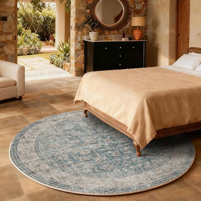 4x4 Round Living Room Rug: Washable Bedroom Rug Stain Resistant Boho Rug Non Slip Low Pile Small Carpet for Bedroom Kitchen Entryway Living Room Bedside Office Dorm Kids Room Entrance
