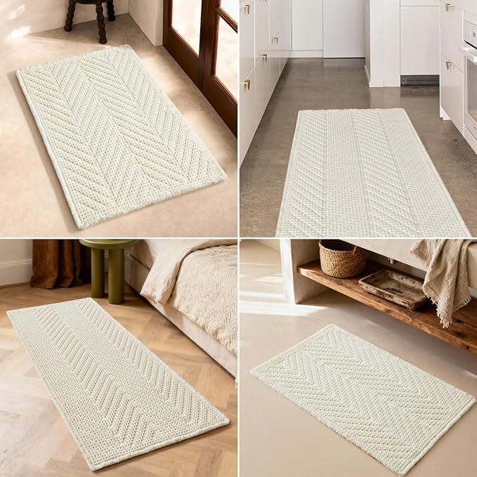 Sunfly Waffle Bath Mat, Boho Bathroom Rugs Non-Slip Washable Super Absorbent Quick Dry, Farmhouse Bathroom Decor 24"x48" Cream