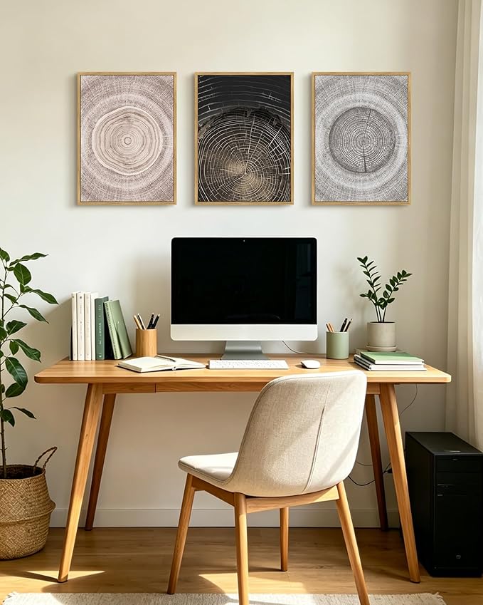 PHOPAGO Vintage Tree Rings Wood Framed Wall Art Modern Retro Wood Stump Wall Decor Nature Farmhouse Rustic Art Prints Living Room Bedroom Home Decor - 12x16in Natural Framed