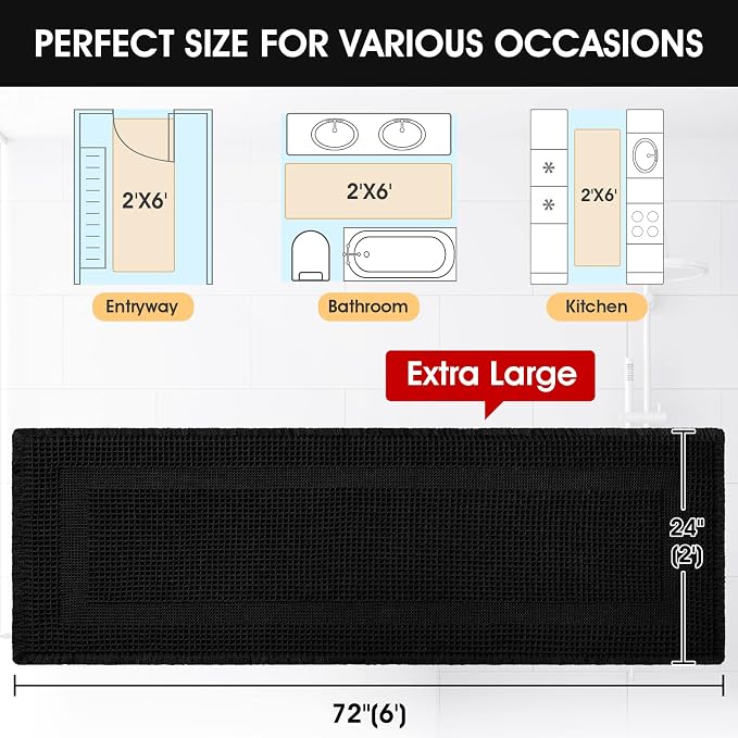 Extra Large Waffle Bath Mat, 6'x2' Black-Looped, Super Absorbent Non-Slip Quick Dry Bathroom Rugs with Tassels, Machine Washable Ultra Soft Boho Bath Rugs for Floor, Toilet Mats Boho Farmhouse Decor