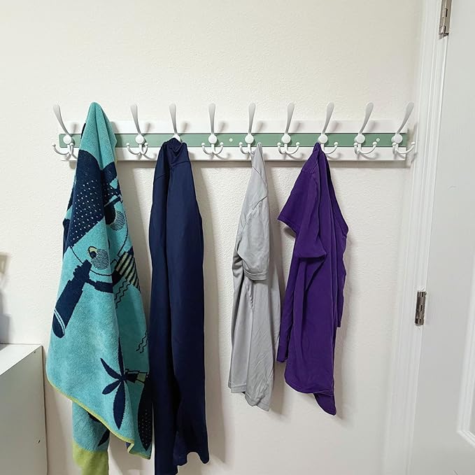 SKOLOO Coastal Coat Rack Wall Mount-38-1/8 Beach House Entryway Wooden Coat Hook with 10 Hooks for Hanging Coats, Hats or Towels, Oceanfront Cottage Core Collection, White & Green, Pack of 2