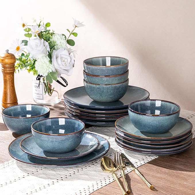 AmorArc Ceramic Dinnerware Sets for 4, 12 Pieces Handpainted Plates and Bowls Set, Scratch Resistant Stoneware Dishes Set, Dishwasher & Microwave Safe, Ceylon Blue