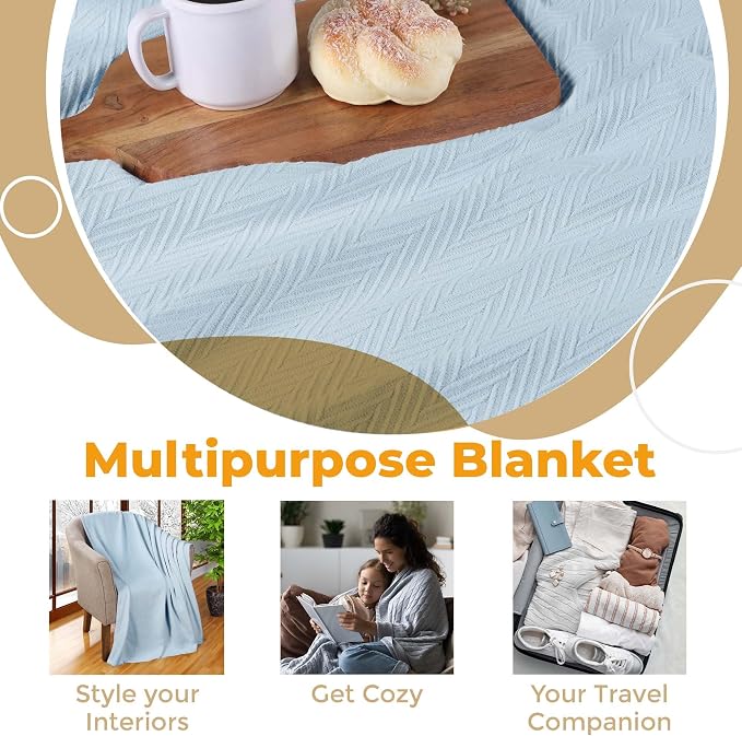 Superior Metro 100% Cotton Blanket, Perfect for Bedroom, Living Room, Couch, Picnics, Travel, Beach, or Camping, Comfy Blanket, Bedroom Decor, Essentials, Zig-Zag Cover for Bed, King, Light Blue