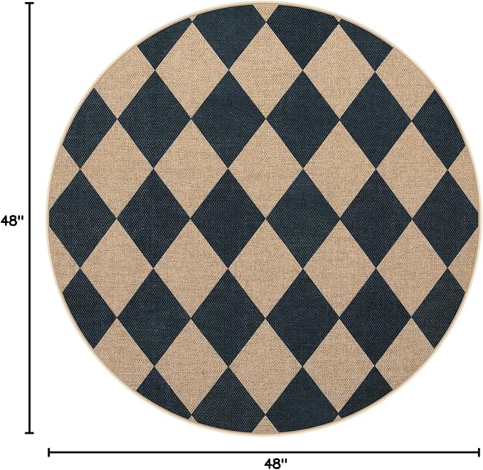 Lahome Colette Checkered Round Entryway Rug 4ft, Circle Indoor Outdoor Patio Rug Washable Farmhouse Easy Jute Kitchen Rugs, Contemporary Non Slip Round Carpet for Bedroom Front Porch
