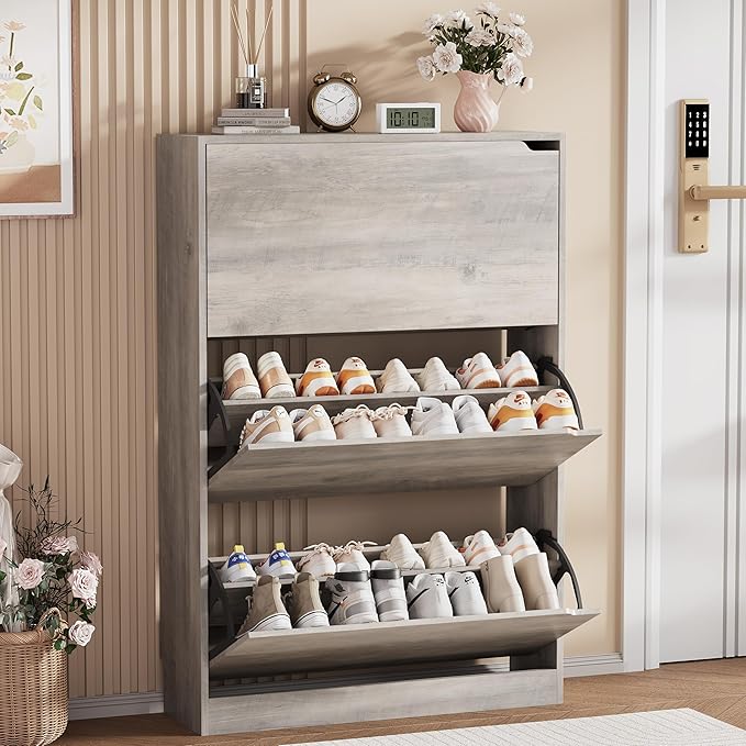 Shoe Storage Cabinet, Wood Shoe Organizer for Entryway with 3 Flip Drawers, Freestanding Shoe Rack with Adjustable Shelf, Narrow Shoe Dresser for Front Door Entrance(Grey, 47.2" x 31.5" x 9.25")