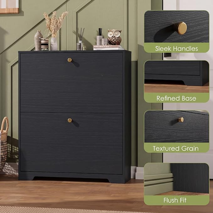 Nicetree Shoe Cabinet with 2 Flip Drawers, Narrow Shoe Organizer Cabinet, Freestanding Shoe Rack Cabinet, Modern Shoe Storage Cabinet for Entryway, Hallway, Foyer, Black