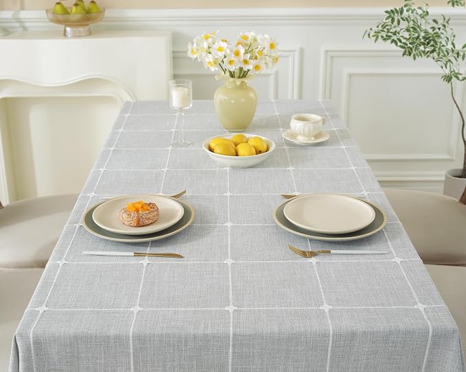 Alsoo Gray Plaid Tablecloth Square 55 x 55 Inch, Boho Waterproof Washable Wipeable Table Cloth Cotton Linen Heavy Duty Fabric for Kitchen Dining Party Christmas