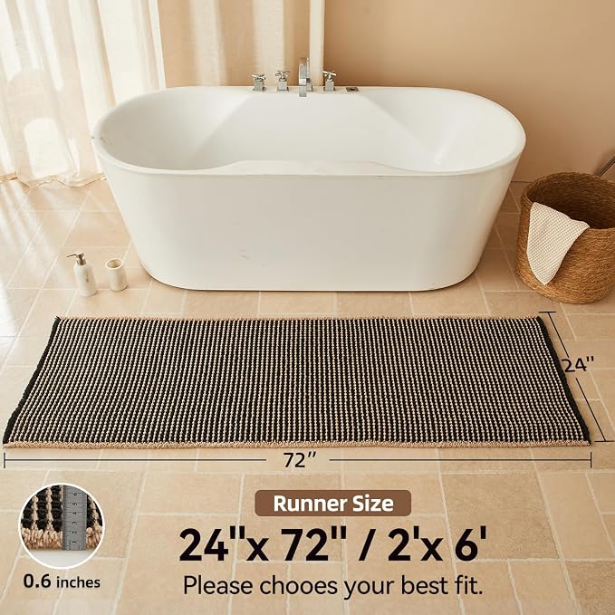 Triohero Waffle Runner Bath Mat - Long Bathroom Rugs Non Slip Washable, Ultra Soft Super Absorbent Quick Dry Boho Farmhouse Bathroom Decor, 24" x 72", Black & Khaki