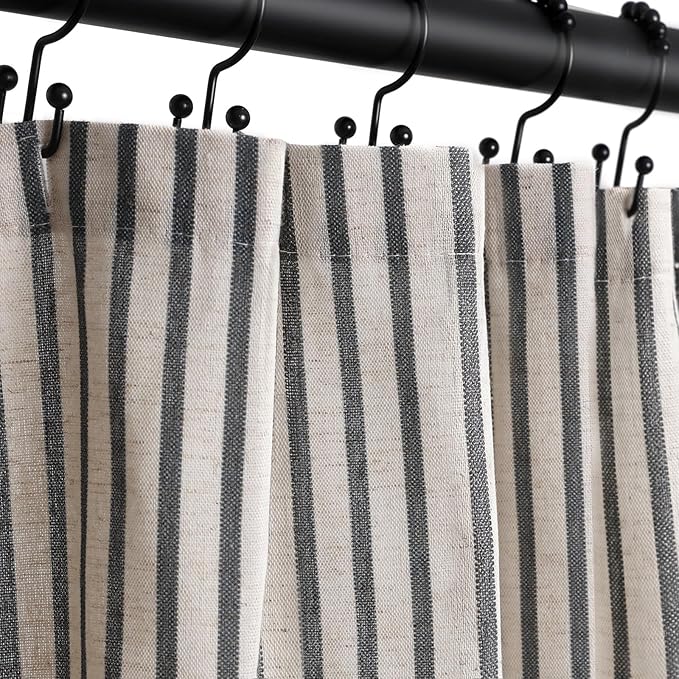 Farmhouse Striped Shower Curtain - 72x84 Inches, Linen Blend Fabric, Breathable & Machine Washable, Rustic Black for Bathroom Decor (Hooks/Liner Not Included)