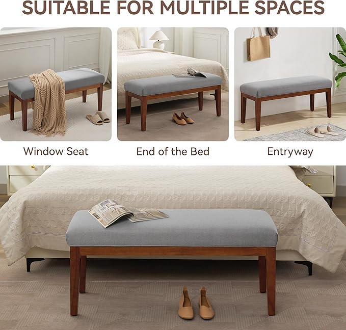 WUTUTUEE 43.5'' Linen Bedroom Bench, Upholstered End of Bed Bench, Padded Vintage Dining Bench, Entryway Bench with Solid Wood Legs, Kitchen, Living Room, Hallway, Light Grey