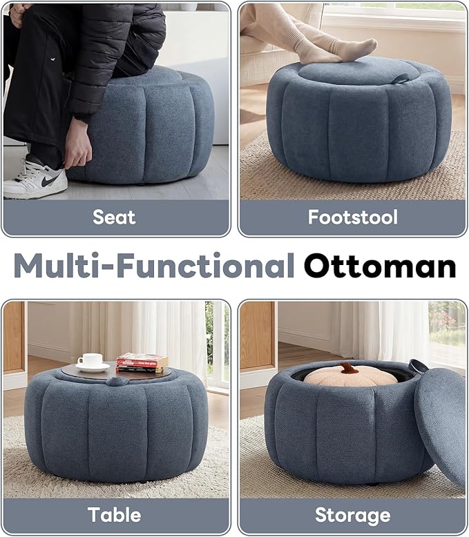 Tbfit Round Storage Ottoman - No Assembly Required, Storage & Sturdy Structure Multi-Functional Seat/Footrest for Living Room, Bedroom & Kids Room Soft Fabric for Family Home Use