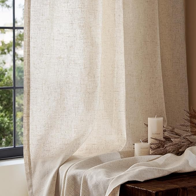 jinchan Linen Curtains for Living Room Beige Drapes 84 Inch Length 2 Panels Set, Light Weight Semi Sheer Grommet Curtains for Bedroom Farmhouse Light Filtering Narrow Window Drapes 2 Panels W38 x L84