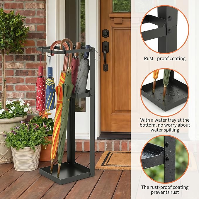 Umbrella Stand, Metal Umbrella Stand Indoor, 26 Inch Umbrella Holder for Entryway, Shelf for use with Small Umbrellas and Bottom Drip Tray for use with