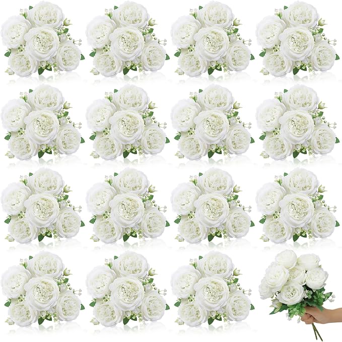 16 Pack White Peonies Artificial Flowers, Fake Silk Hydrangea Bouquet for Bridal Wedding Home Table Decor Reusable Dining Opening Ceremony Birthday Arrangement Faux Floral