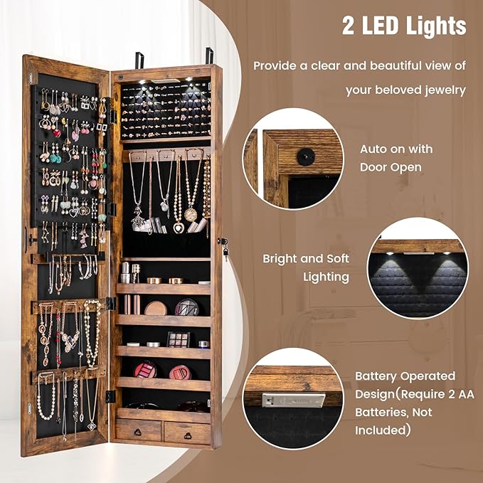 LOKO Mirrored Jewelry Armoire, Wall/Door Mounted Jewelry Cabinet with Full-Length Mirror, Lockable Jewelry Storage Organizer with 2 Drawers & 2 LED Lights, for Girls Women Gift Bedroom (Rustic Brown)