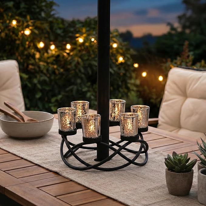Seraphic Kitchen Table Centerpiece Decor, Tealight Candle Holder, Silver | Christmas Wedding & Event Decor, Round Patio Umbrella Centerpiece, Wrought Iron 6 Votive Holders, 10.5in Round