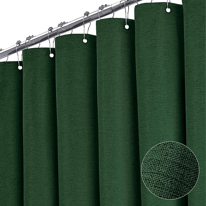 BTTN Extra Long Green Shower Curtain, 90 Inch Linen Textured Heavy Duty Waterproof Shower Curtain Set with 12 Plastic Hooks, Tall Spa Simple Thick Fabric Shower Curtains for Bathroom, 72x90, Emerald