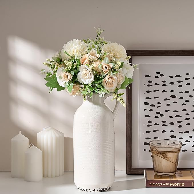 PORCER Ceramic Vase for Home Decor, Ice Crackle Aged White Vintage Vase with Handle, Decorative Flower Vase for Farmhouse, Living Room, Table, Fireplace, Nightstand - Ice Crackle White