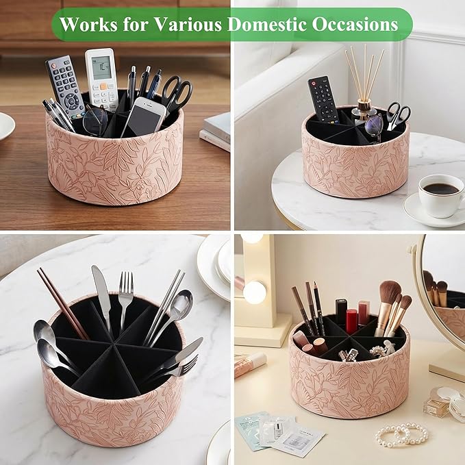 Remote Control Holder, 360°Spinning PU Leather Desk TV Remote Caddy,Desk Storage Box Room Accessories for Controller, Media,Mail,Calculator, Mobile Phone,Pencil(1-Carved Pink)