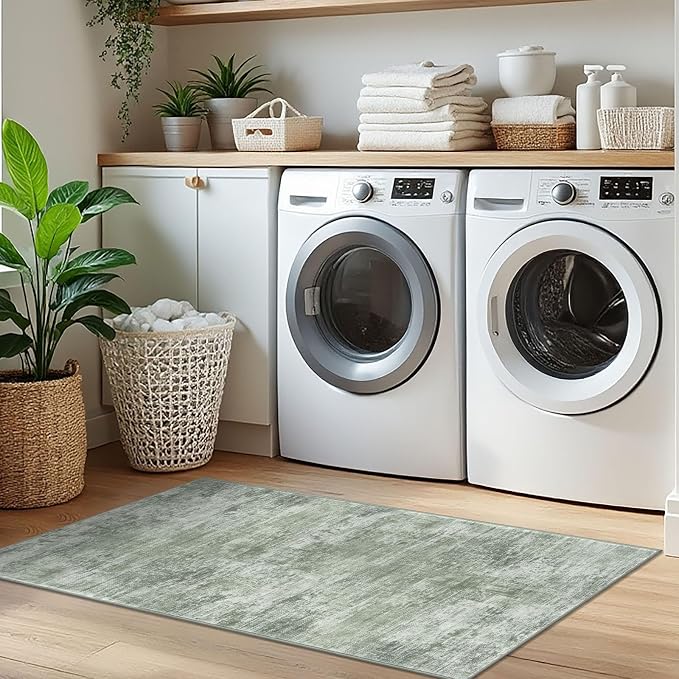 IOHOUZE Abstract Runner Rug 2x5 Ft Washable Runners for Hallways, Non Slip Kitchen Runner Printed Faux Wool Entryway Runner Indoor, Modern Abstract Floor Carpet for Hall Kitchen Bedroom, Sage Green