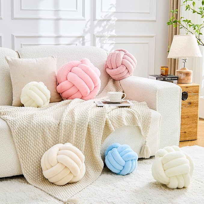 Uvvyui Knot Pillow Ball Home Decorative Pillows Round Throw Pillow with Faux Rabbit Fur Handmade Knotted Plush Pillow Aesthetic Room Decor Round Boucle Pillow Cushion (Pink, 8.6 Inch)