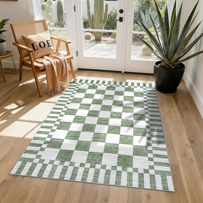 GarveeHome Sage Green Checkered Rug,Washable 3x5 Rug Non Slip for Entryway, Soft Low-Pile, Modern Farmhouse Geometric Small Area Rugs for Bedroom Kitchen