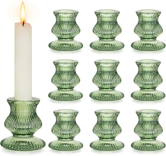 Romadedi Glass Candle Holders for Candlestick - 10 Pcs Green Ribbed Tapered Candle Holder Bulk for Table Centerpiece Christmas Decor Party Living Room Dinner Advent