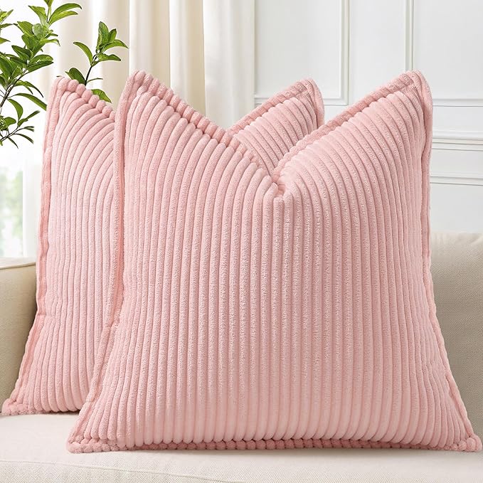 decorUhome Summer Corduroy Pink Throw Pillow Covers 16x16 Set of 2 Decorative Soft Boho Farmhouse Couch Pillow Covers for Living Room Bed Sofa Broadside Striped Pillow Cases