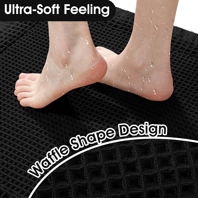 Upgraded Waffle Bath Mat, 36"x24" Black-Bordered, Super Absorbent Non-Slip Quick Dry Bathroom Rugs with Tassels, Machine Washable Ultra Soft Boho Bath Rugs for Floor, Toilet Mats Boho Farmhouse Decor