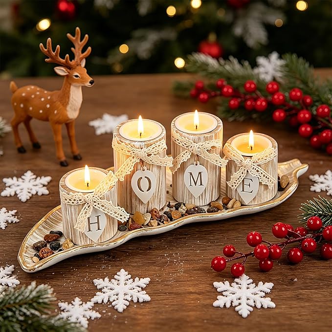 Wooden Candle Holders Centerpieces for Living Room Coffee Table Decorations,Farmhouse Table Decor Tealight Candles Holders with Rustic Tray,Candlesticks for Home Decoration Fireplace Kitchen (Leaf)