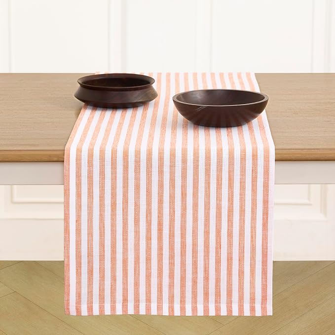 Solino Home Striped Linen Table Runner 90 Inches Long - Amalfi Stripe 100% Pure Linen Orange and White Dining Table Runner 14 x 90 Inch for Summer