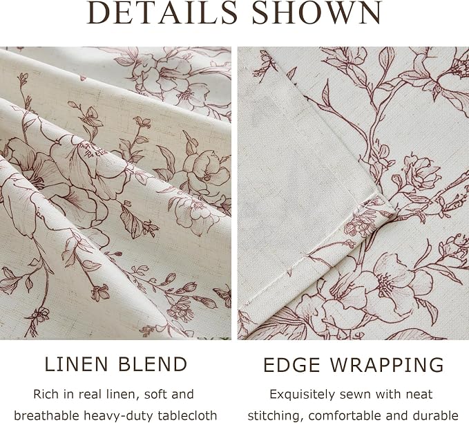 Linen Floral Rectangle Tablecloth Farmhouse Vintage French Rustic Tablecloths Brown Flowers Pattern Burlap Textured Outdoor Table Cover for Picnic,Dining,Party,Home Decor 55x120 Inch
