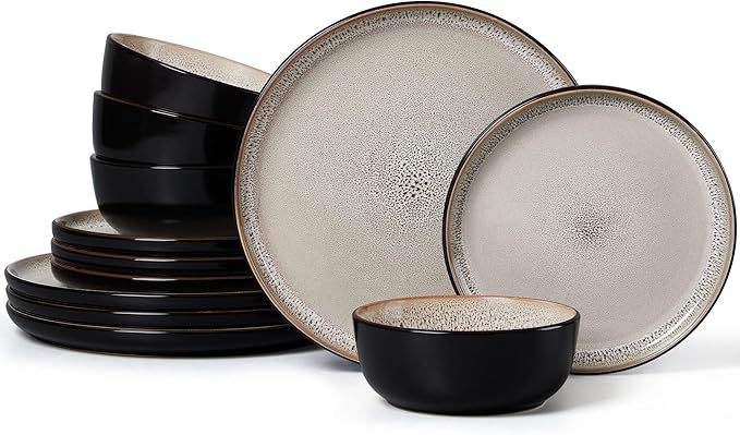 LIANYU Porcelain Dinnerware Sets, 12 Piece Ceramic Plates and Bowls for 4, Dishwasher & Microwave Safe Stoneware Dishes Set, Chip and Scratch Resistant Kitchen Dishware Set, Tidal Khaki