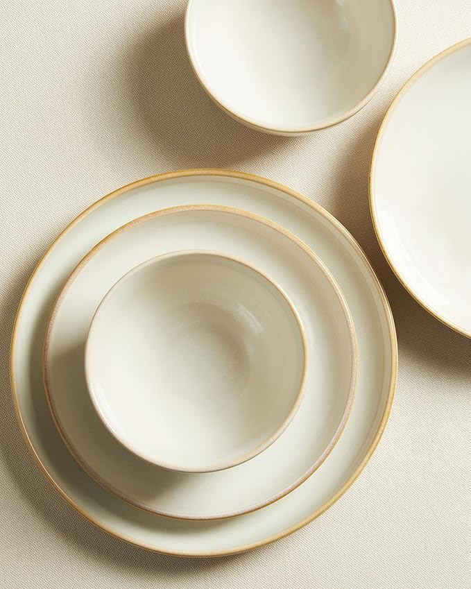Pokini 16 Piece Double Bowl Dinnerware Sets with Pasta Bowls, Highly Chip and Crack Resistant Plates and Bowls Sets, Natural Earthyware Ceramic Dishware Sets, Service for 4 Yellow White