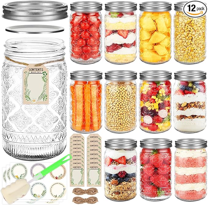 32 oz Mason Jars with Airtight Lids and Bands, 12-Pack with Wide Mouth, Rustic Stickers & Tags, Quart Glass Canning Jars for Pickling, Food Storage, Fermentation,Overnight Oats