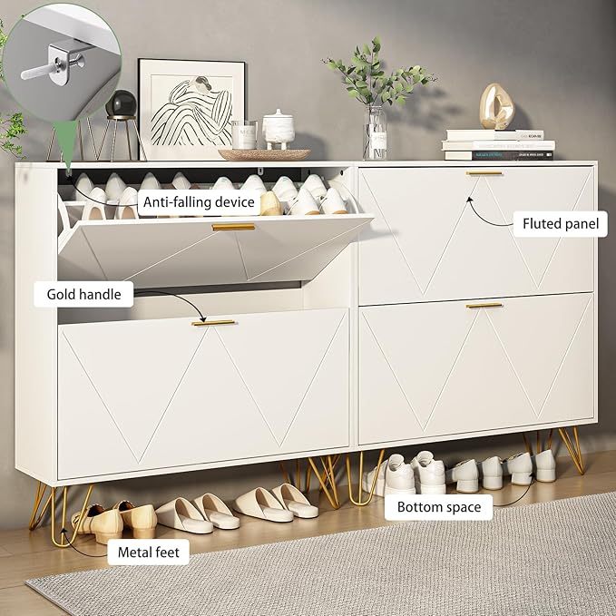 Tradare White Shoe Cabinet Storage for Entryway, Set of 2, Narrow Shoe Cabinet with 2 Flip Drawers,Freestanding Organizer with Fluted Panel for Living Room, Bedroom, Hallway, Closet