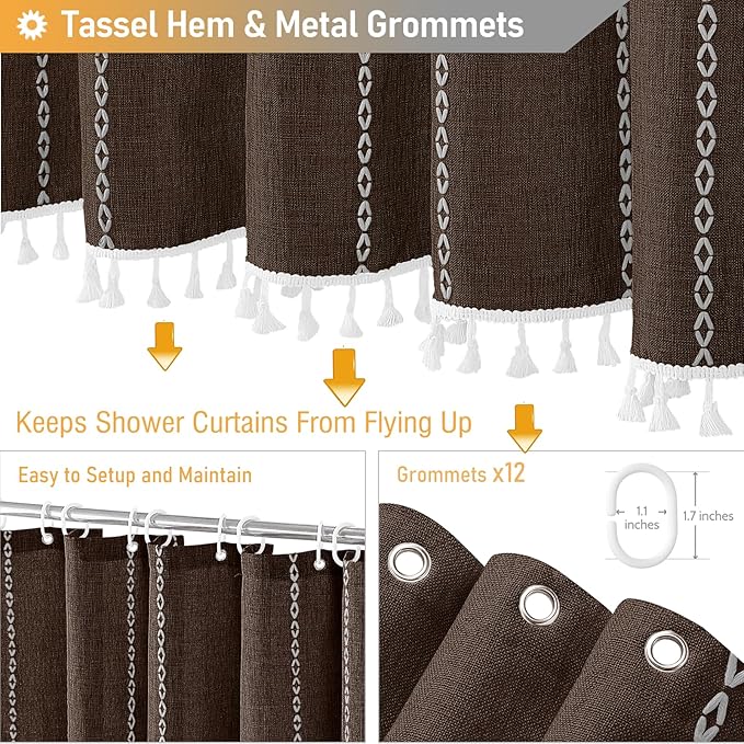 BTTN Boho Farmhouse Shower Curtain - Linen Rustic Heavy Duty Striped Fabric Shower Curtain Set, Bohemian Vintage Country Cloth Shower Curtains for Bathroom, Brown, 72" W x 78" L (Pack of 1)