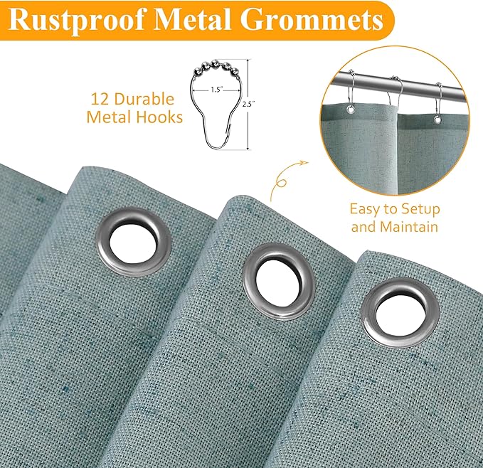 Naturoom Light Blue Linen Shower Curtain, Country Boho Farmhouse Bath Decor Shower Curtains Neutral Cloth Weighted Textured Fabric Bath Curtain Liner with Hooks, 72x84