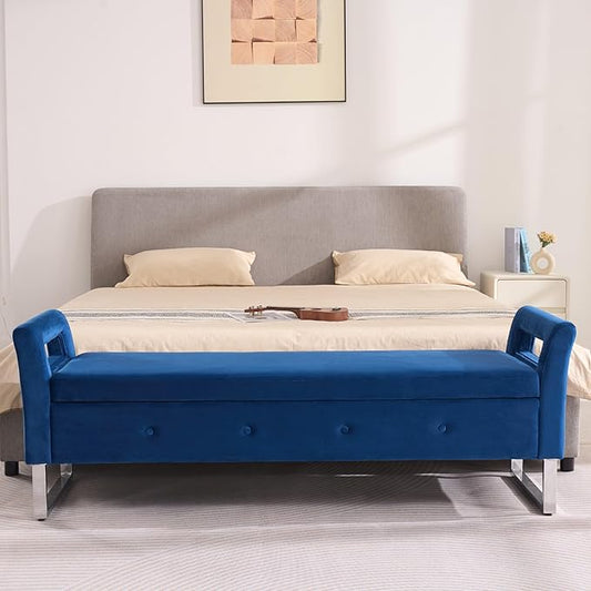 Chifee & Vingol Storage Bench with Armrests, 67.91 Inch Velvet End of Bed Bench Upholstered Storage Ottoman for Bedroom, Livingroom, Entryway - Navy
