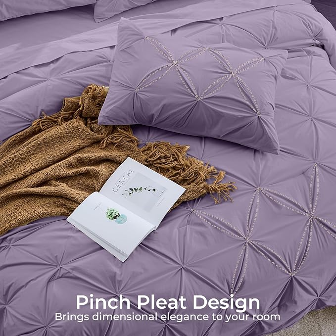 Sasttie Queen Comforter Set, 7-Piece Bed in a Bag, Pintuck Bedding Sets for All Season, Includes Comforter, Flat Sheet, Fitted Sheet, Pillowcases and Pillowshams, New Purple