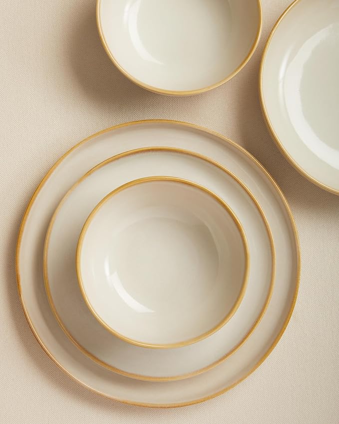 Pokini Plates and Bowls Sets for Family of 6, Ceramic Dinnerware Sets, Kitchen Dish Set, Microwave & Dishwasher Safe Dishware, Highly Durable Reactive Glazed Dinner Set, Yellow White