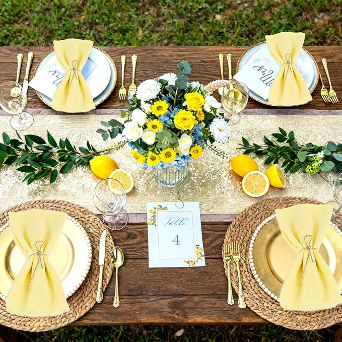 36 Pack Yellow Handmade Cloth Napkins 12 x 12 Inch Cotton Linen Napkins with Fringe, Washable and Reusable Napkins, Soft Rustic Boho Fringe Cloth Napkins for Dinners,Parties, Wedding