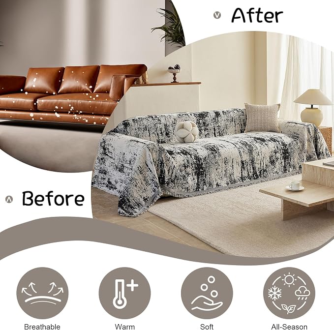 VClife Boho Couch Cover, Non Slip Soft Couch Covers for 2 Cushion Couch Sofa Pet Friendly, Irregular Vintage Black Off-White Scraped Texture Furniture Protector Sofa Slipcover for Dog, 71" X 118"