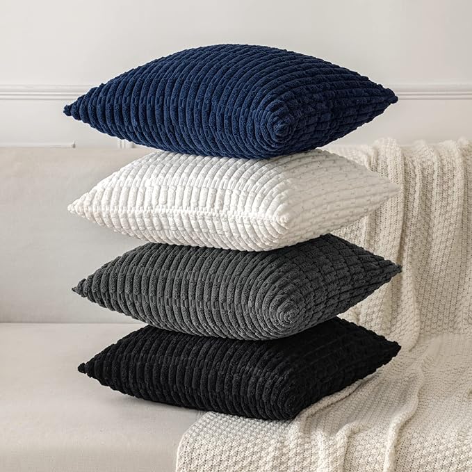 MIULEE Pack of 2 Corduroy Decorative Euro Sham Throw Pillow Covers 24x24 Inch Soft Boho Striped Pillow Covers Modern Farmhouse Home Decor for Summer Coastal Sofa Living Room Couch Bed Dark Blue